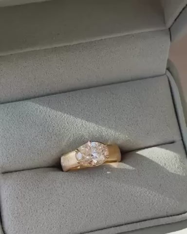 Sylvie- East West Oval Solitaire Texture Bold Signet Style Lab Grown Diamond Engagement Ring