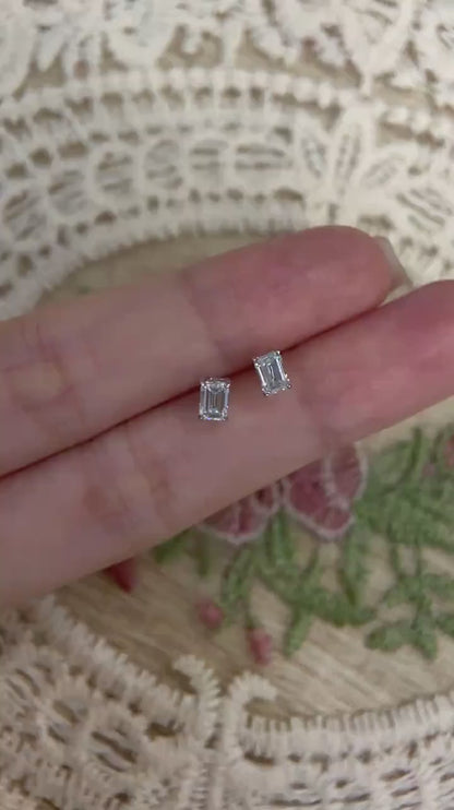 Solitaire Stud Earrings with 0.60 TCW Emerald Cut Moissanite