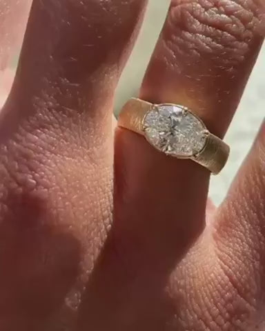 Sylvie- East West Oval Solitaire Texture Bold Signet Style Lab Grown Diamond Engagement Ring