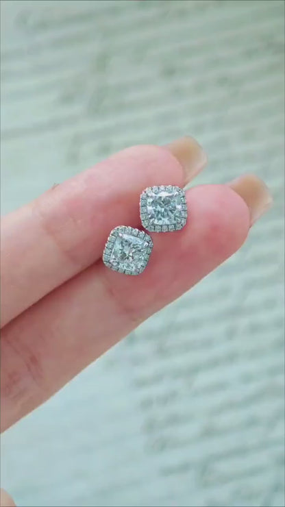 Halo Earrings with 1.0 TCW Cushion Cut Moissanite