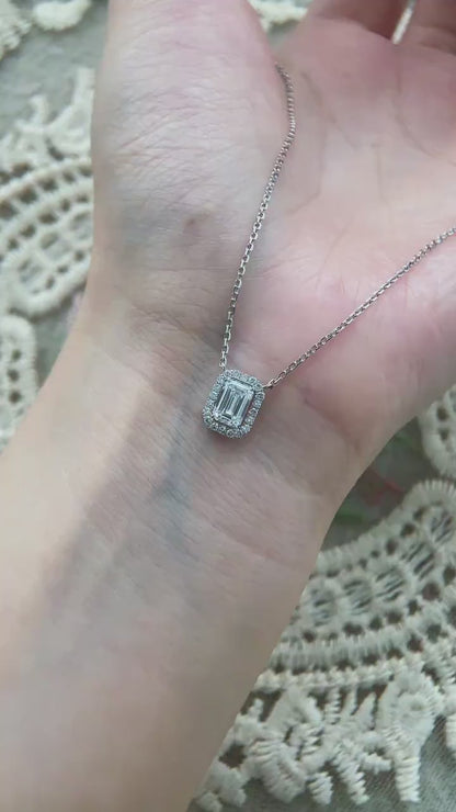 Halo Necklace with 1.0 TCW Emerald Cut Moissanite