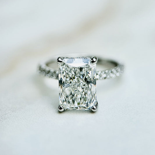 1.0–3.0 CT radiant cut CVD lab grown diamond engagement ring with hidden halo, pave-set band, E color, VS1 clarity, in white gold setting