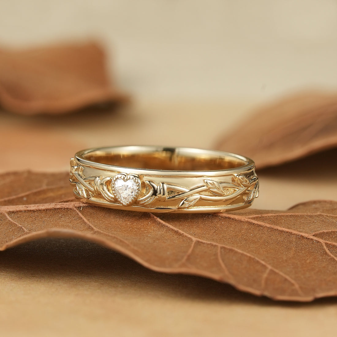 Timeless Romance: Heart-Shaped Moissanite Leaf Wedding Band