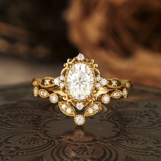 Oval shaped moissanite diamond bridal set with vintage setting