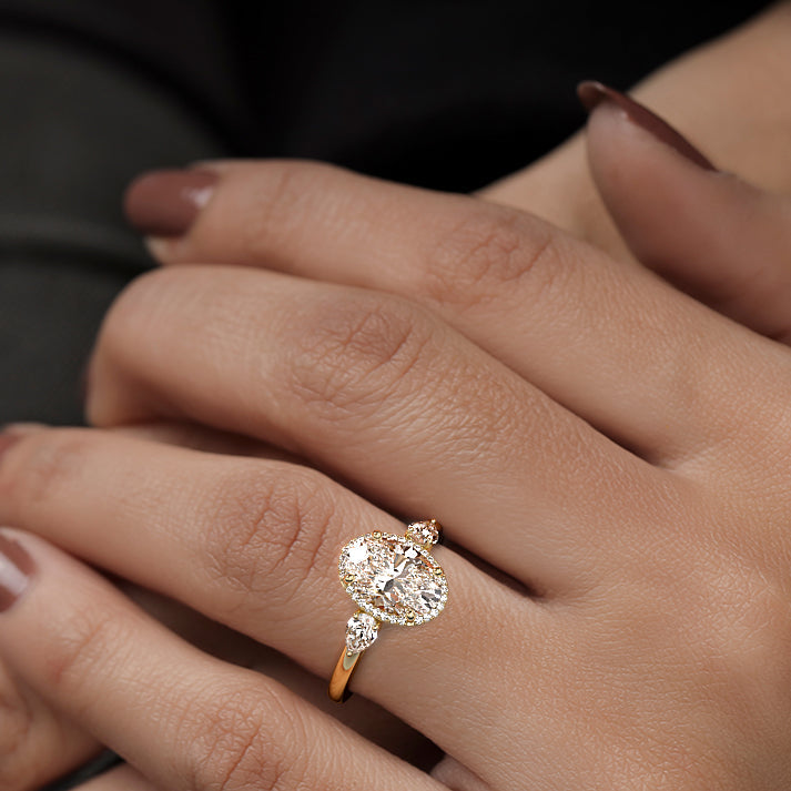 Halo & Three Stones Ring with 1.50 CT Oval Cut Moissanite